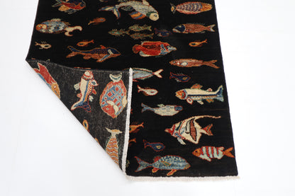 104 x 145 cm | Oriental Fish Black Rug Afghan Hand Knotted Veg dye Wool carpet