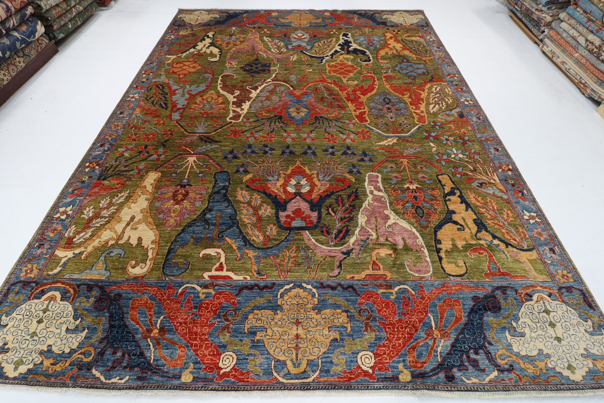 272 x 360 cm | Kawros Green Design Hand Knotted Wool Afghan Carpet
