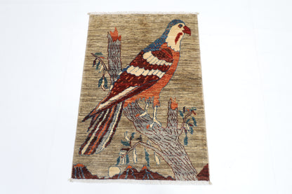 61 x 89 cm | Oriental Bird Gray Accent Rug Afghan Hand Knotted Veg dye Wool carpet