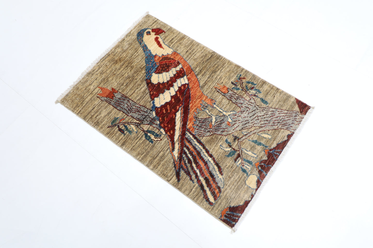 61 x 89 cm | Oriental Bird Gray Accent Rug Afghan Hand Knotted Veg dye Wool carpet