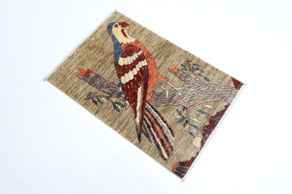 61 x 89 cm | Oriental Bird Gray Accent Rug Afghan Hand Knotted Veg dye Wool carpet
