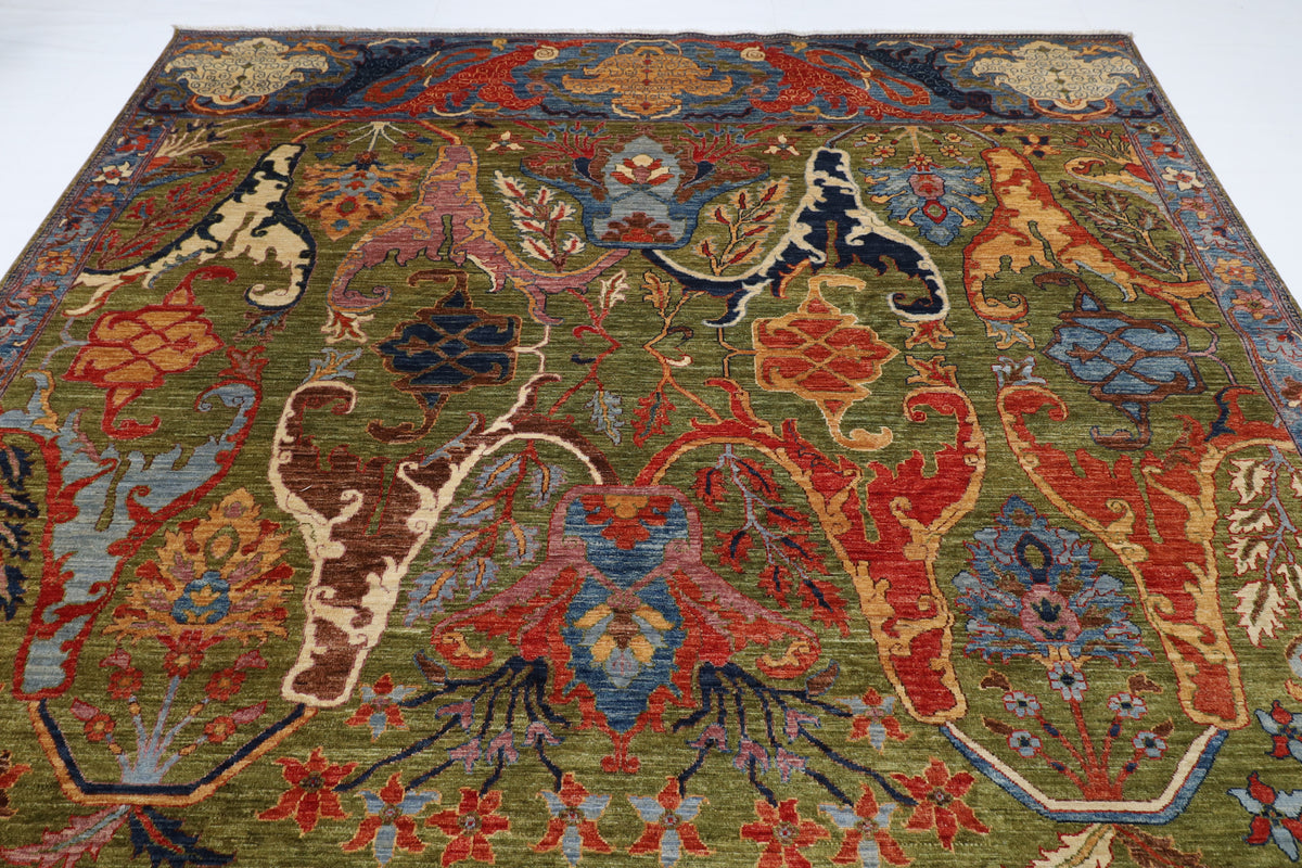 272 x 360 cm | Kawros Green Design Hand Knotted Wool Afghan Carpet