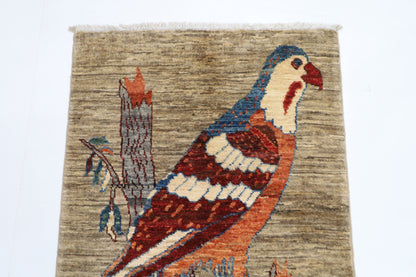 61 x 89 cm | Oriental Bird Gray Accent Rug Afghan Hand Knotted Veg dye Wool carpet