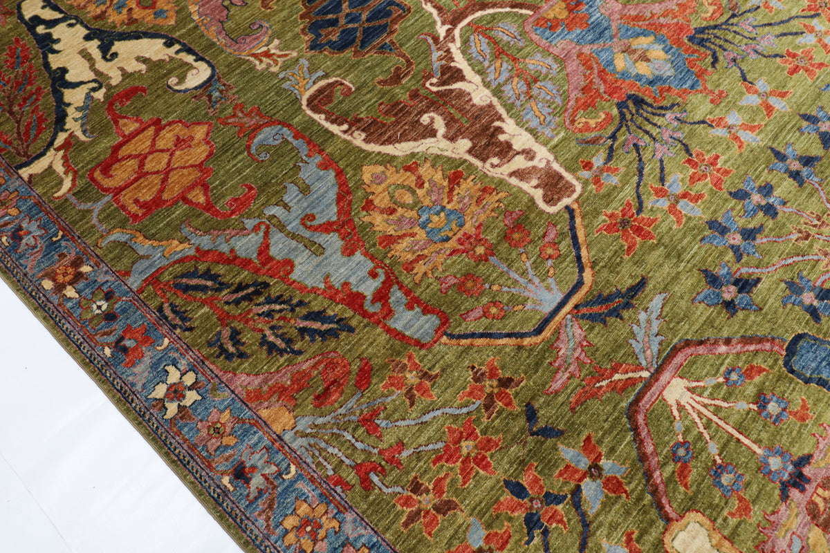 272 x 360 cm | Kawros Green Design Hand Knotted Wool Afghan Carpet