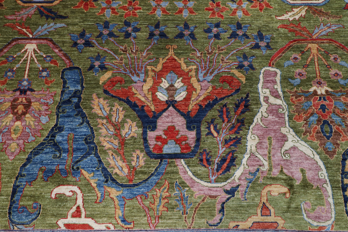 272 x 360 cm | Kawros Green Design Hand Knotted Wool Afghan Carpet