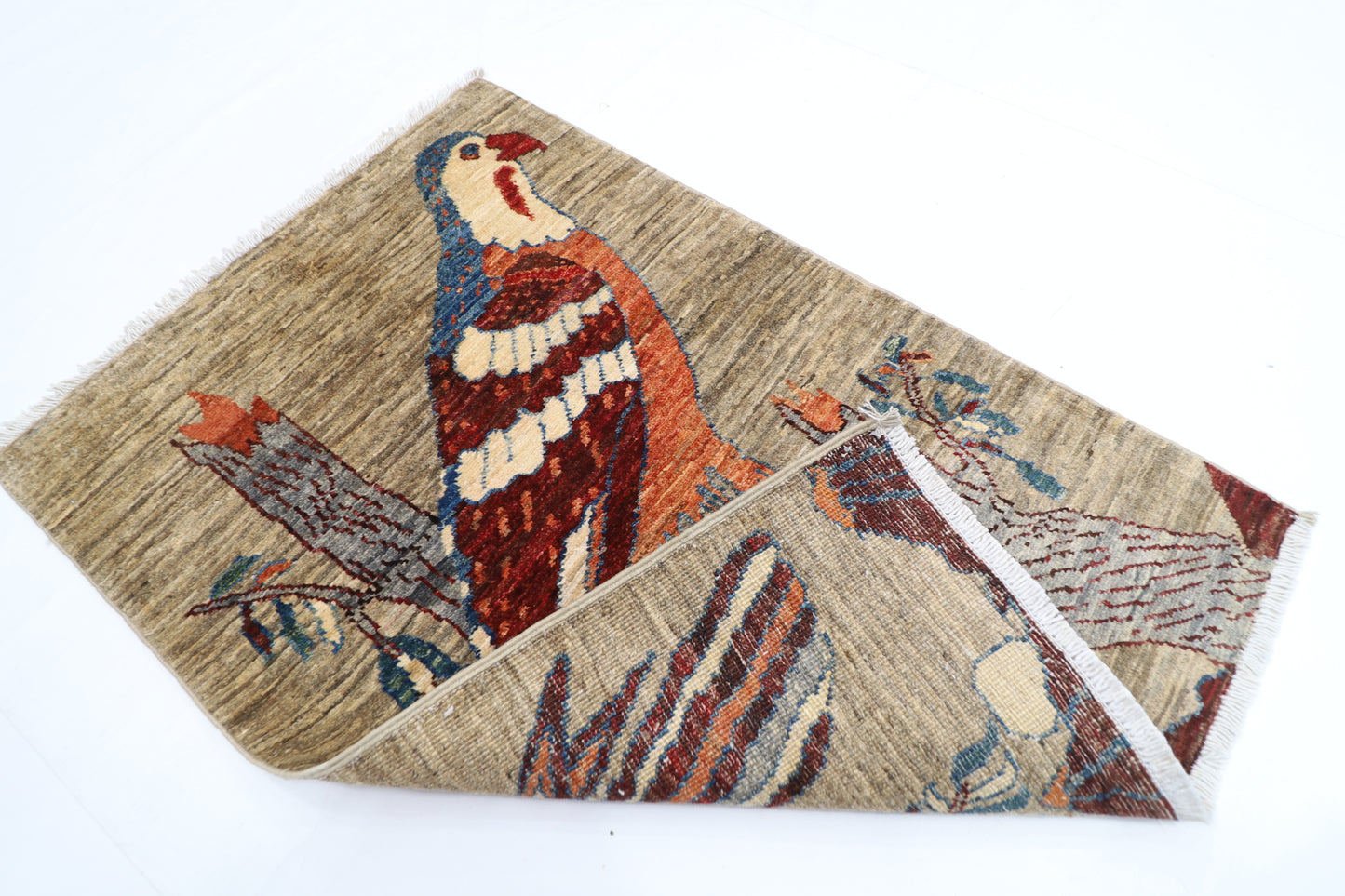 61 x 89 cm | Oriental Bird Gray Accent Rug Afghan Hand Knotted Veg dye Wool carpet