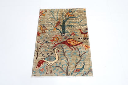 65 x 91 cm | Oriental Bird Gray Accent Rug Afghan Hand Knotted Veg dye Wool carpet