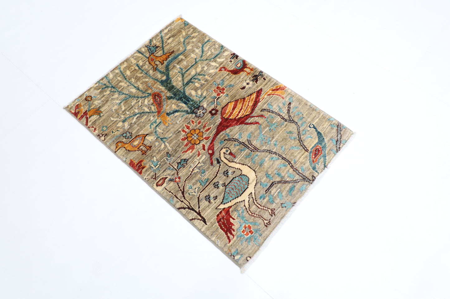 65 x 91 cm | Oriental Bird Gray Accent Rug Afghan Hand Knotted Veg dye Wool carpet