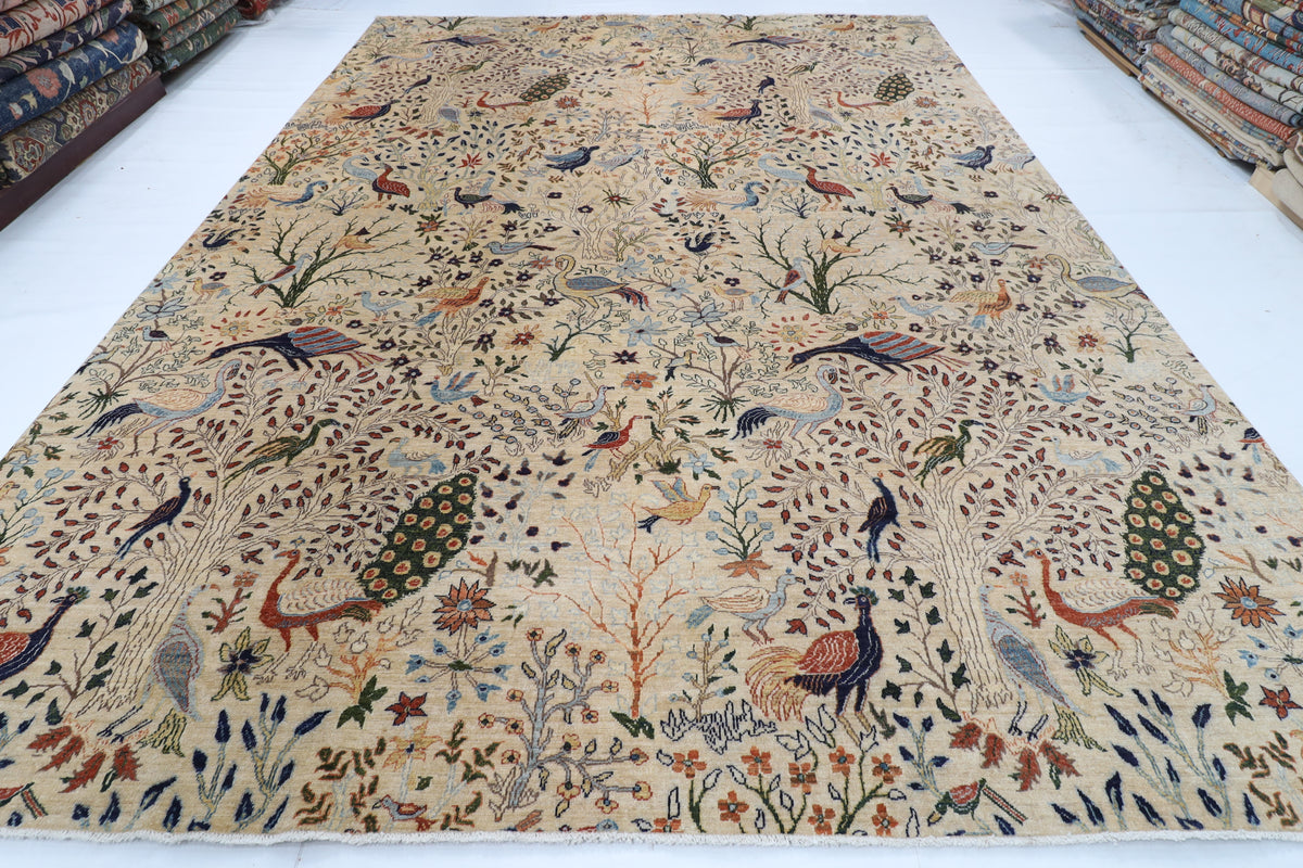306 x 421 cm | Birds Beige Design Hand Knotted Wool Afghan Carpet