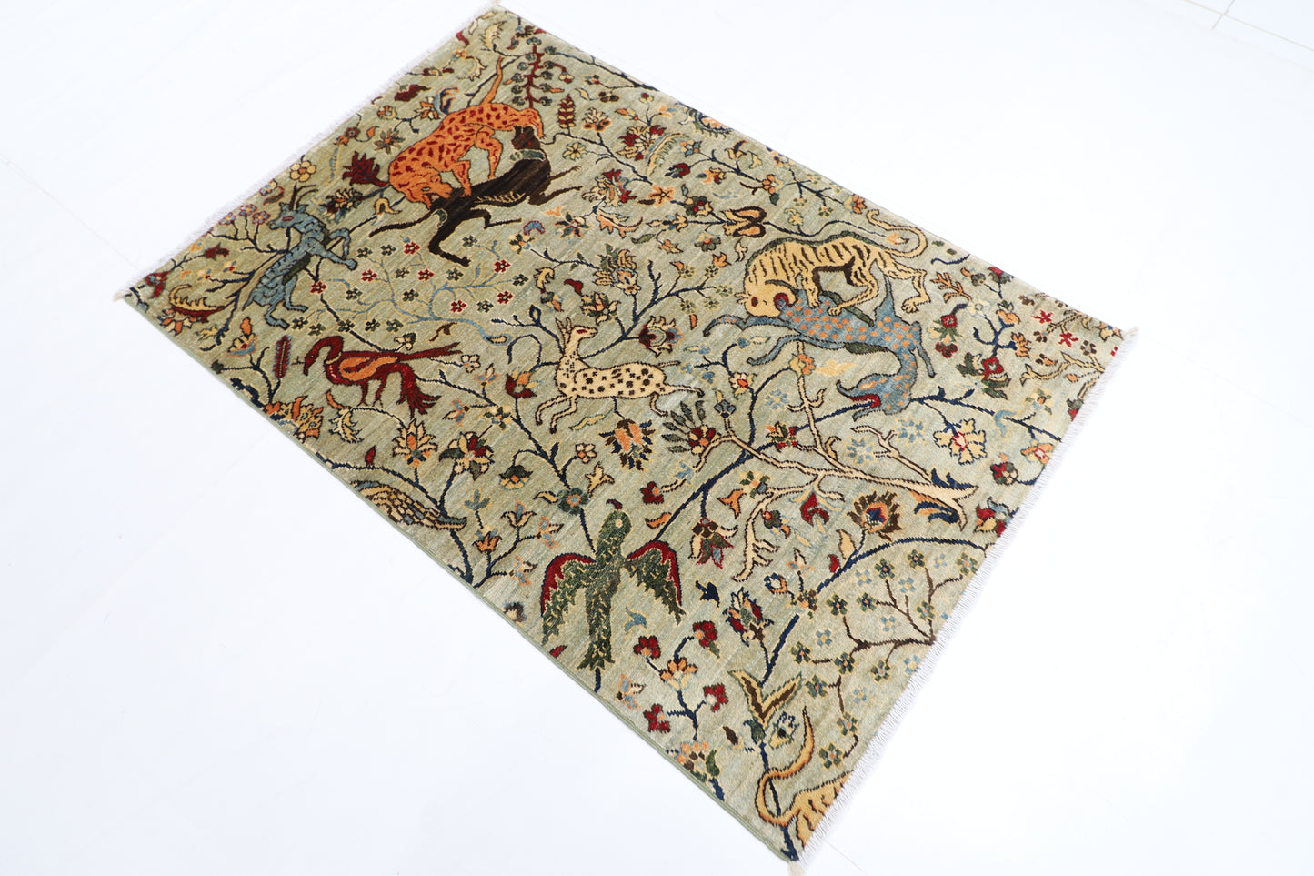 102 x 150 cm | Oriental Bird Gray Area Rug Afghan Hand Knotted Veg dye Wool carpet