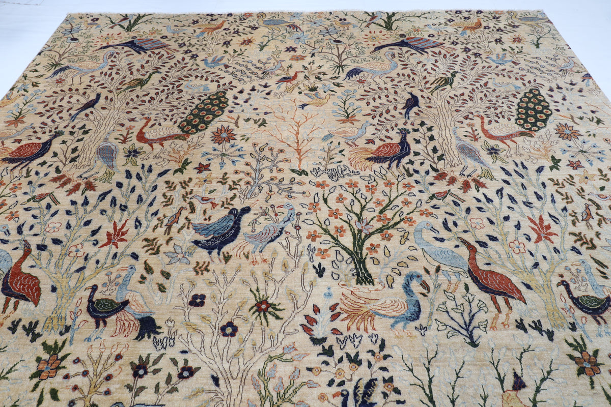 306 x 421 cm | Birds Beige Design Hand Knotted Wool Afghan Carpet