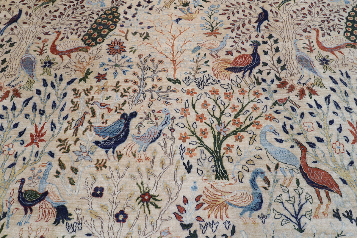 306 x 421 cm | Birds Beige Design Hand Knotted Wool Afghan Carpet