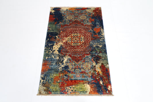78 x 123 cm | Oriental Abstract Accent Rug Afghan Hand Knotted Veg dye Wool carpet