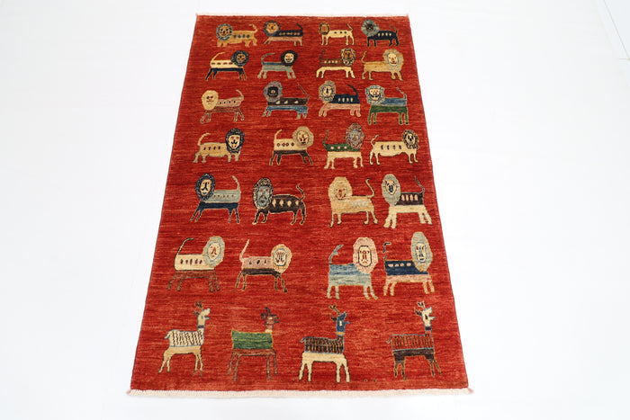 98 x 154 cm | Oriental Lion Red Area Rug Afghan Hand Knotted Veg dye Wool carpet