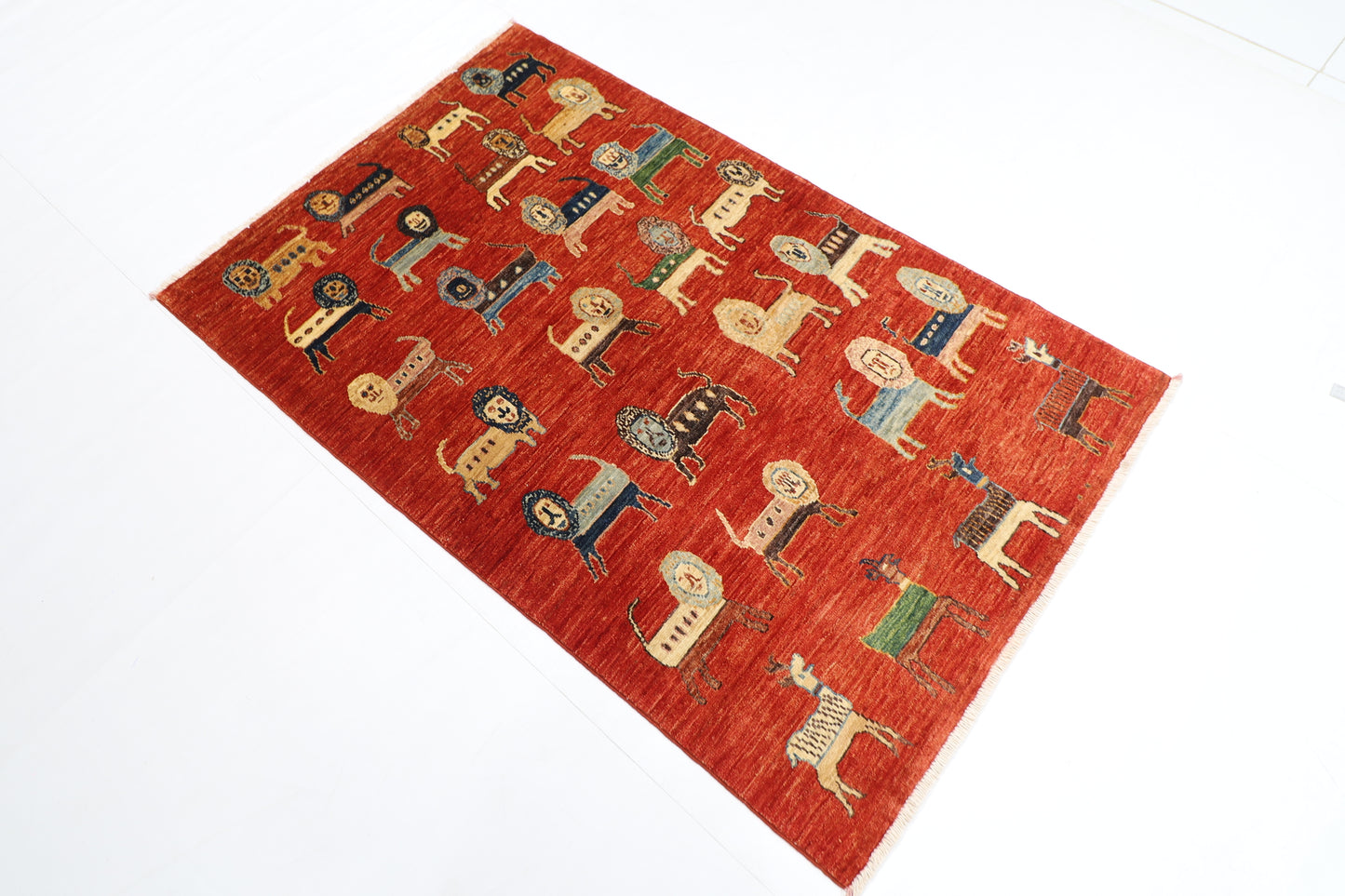 98 x 154 cm | Oriental Lion Red Area Rug Afghan Hand Knotted Veg dye Wool carpet