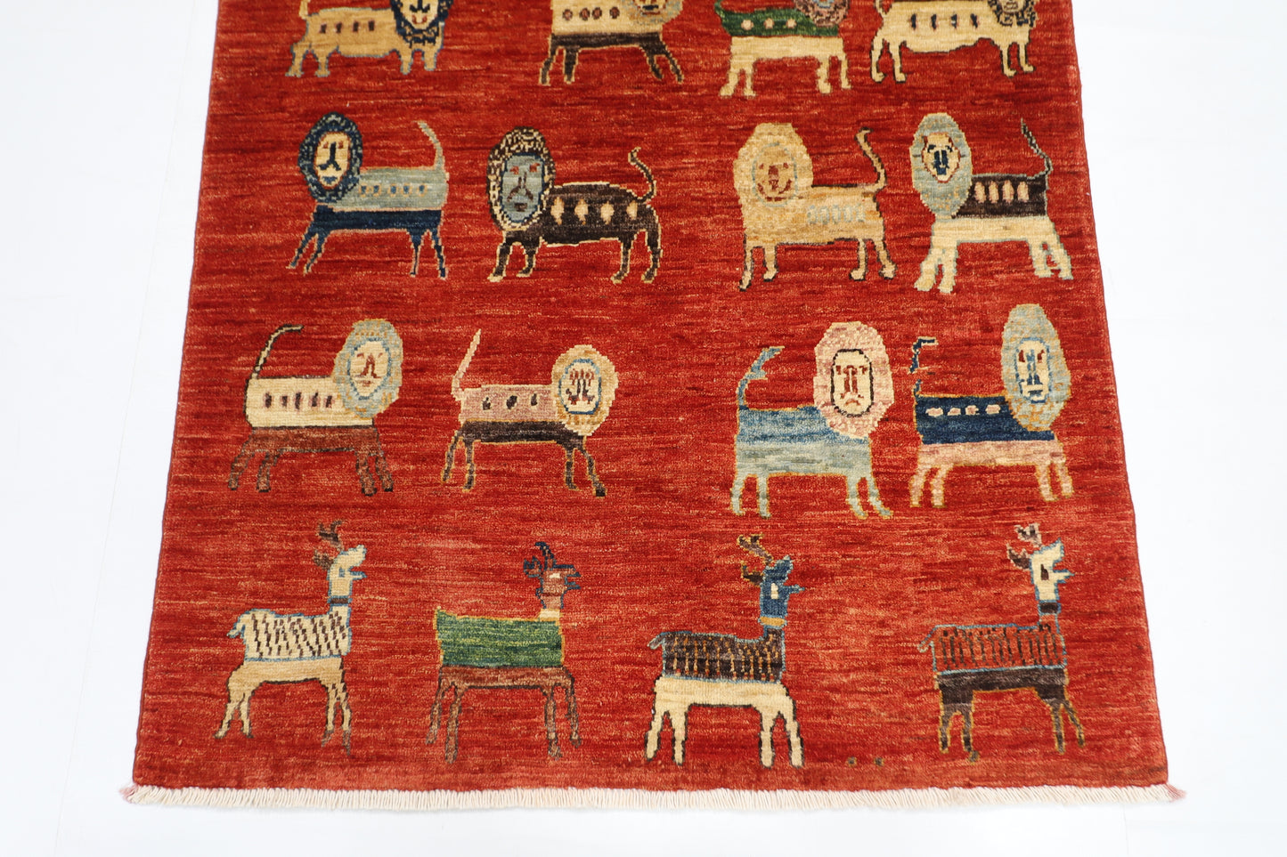 98 x 154 cm | Oriental Lion Red Area Rug Afghan Hand Knotted Veg dye Wool carpet