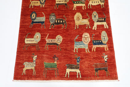 98 x 154 cm | Oriental Lion Red Area Rug Afghan Hand Knotted Veg dye Wool carpet