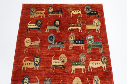 98 x 154 cm | Oriental Lion Red Area Rug Afghan Hand Knotted Veg dye Wool carpet