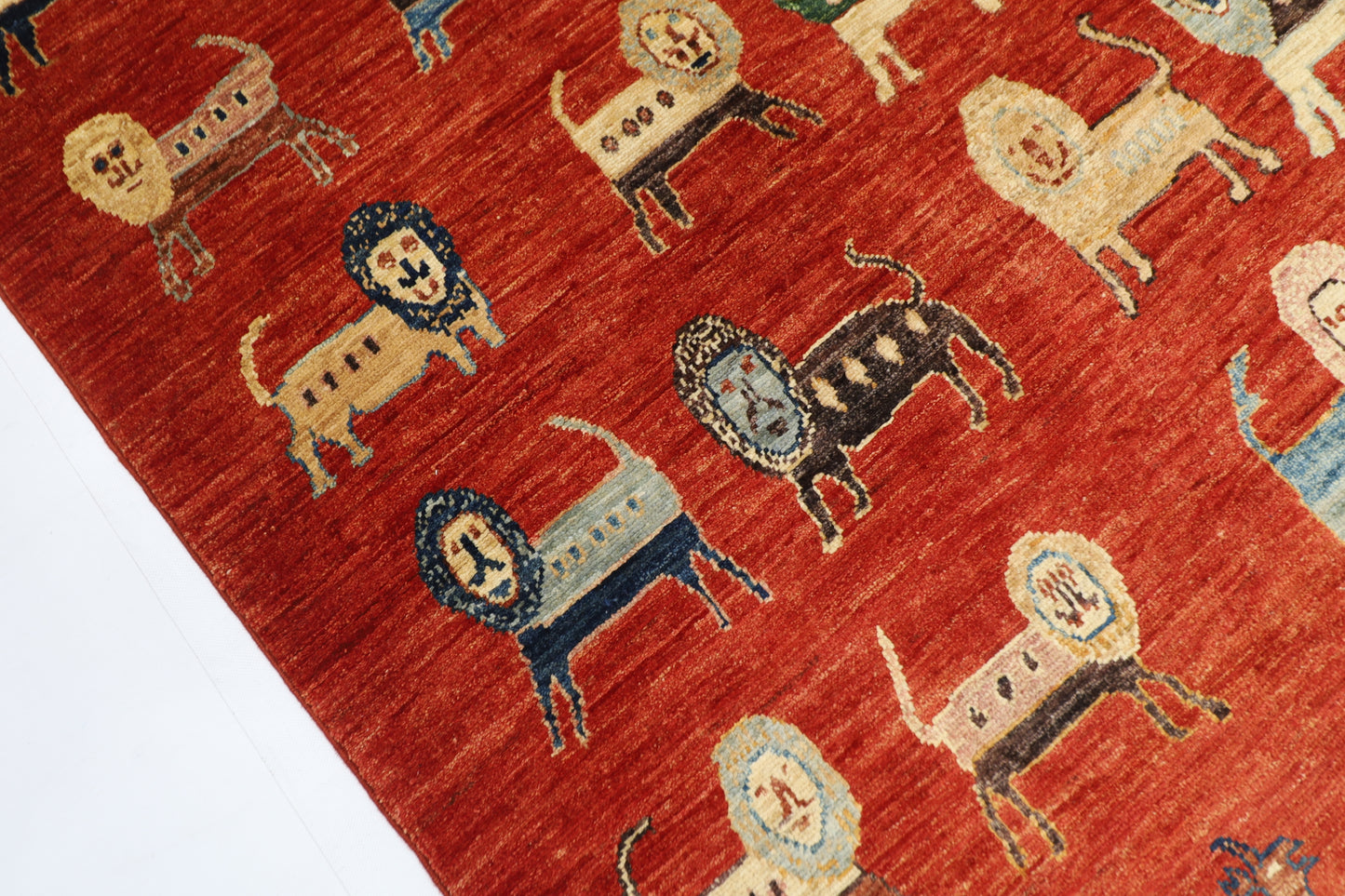 98 x 154 cm | Oriental Lion Red Area Rug Afghan Hand Knotted Veg dye Wool carpet