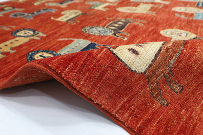 98 x 154 cm | Oriental Lion Red Area Rug Afghan Hand Knotted Veg dye Wool carpet