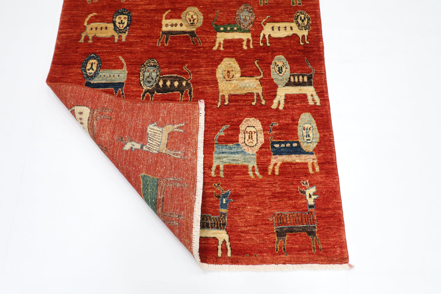 98 x 154 cm | Oriental Lion Red Area Rug Afghan Hand Knotted Veg dye Wool carpet
