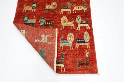 98 x 154 cm | Oriental Lion Red Area Rug Afghan Hand Knotted Veg dye Wool carpet