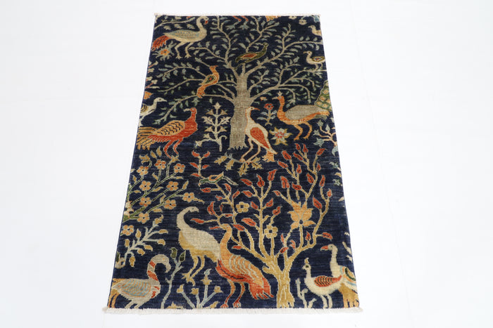 81 x 132 cm | Oriental Birds blue Accent Rug Afghan Hand Knotted Veg dye Wool carpet