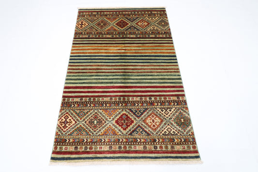 100 x 160 cm | Striped Afghan Tribal Hand Knotted Veg Dye Wool Carpet