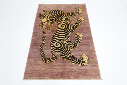 106 x 153 cm | Oriental Tiger Pink Area Rug Afghan Hand Knotted Veg dye Wool carpet