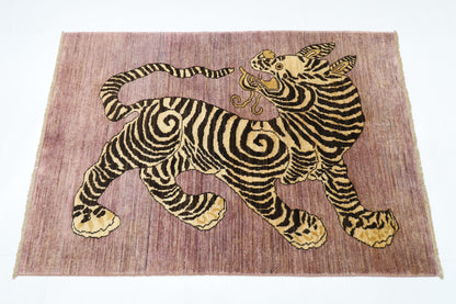 106 x 153 cm | Oriental Tiger Pink Area Rug Afghan Hand Knotted Veg dye Wool carpet