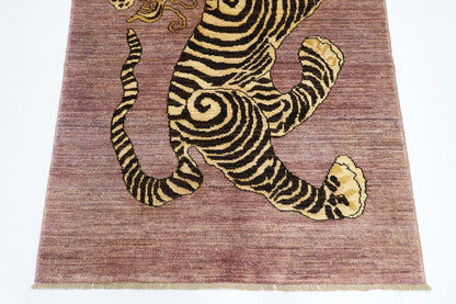 106 x 153 cm | Oriental Tiger Pink Area Rug Afghan Hand Knotted Veg dye Wool carpet