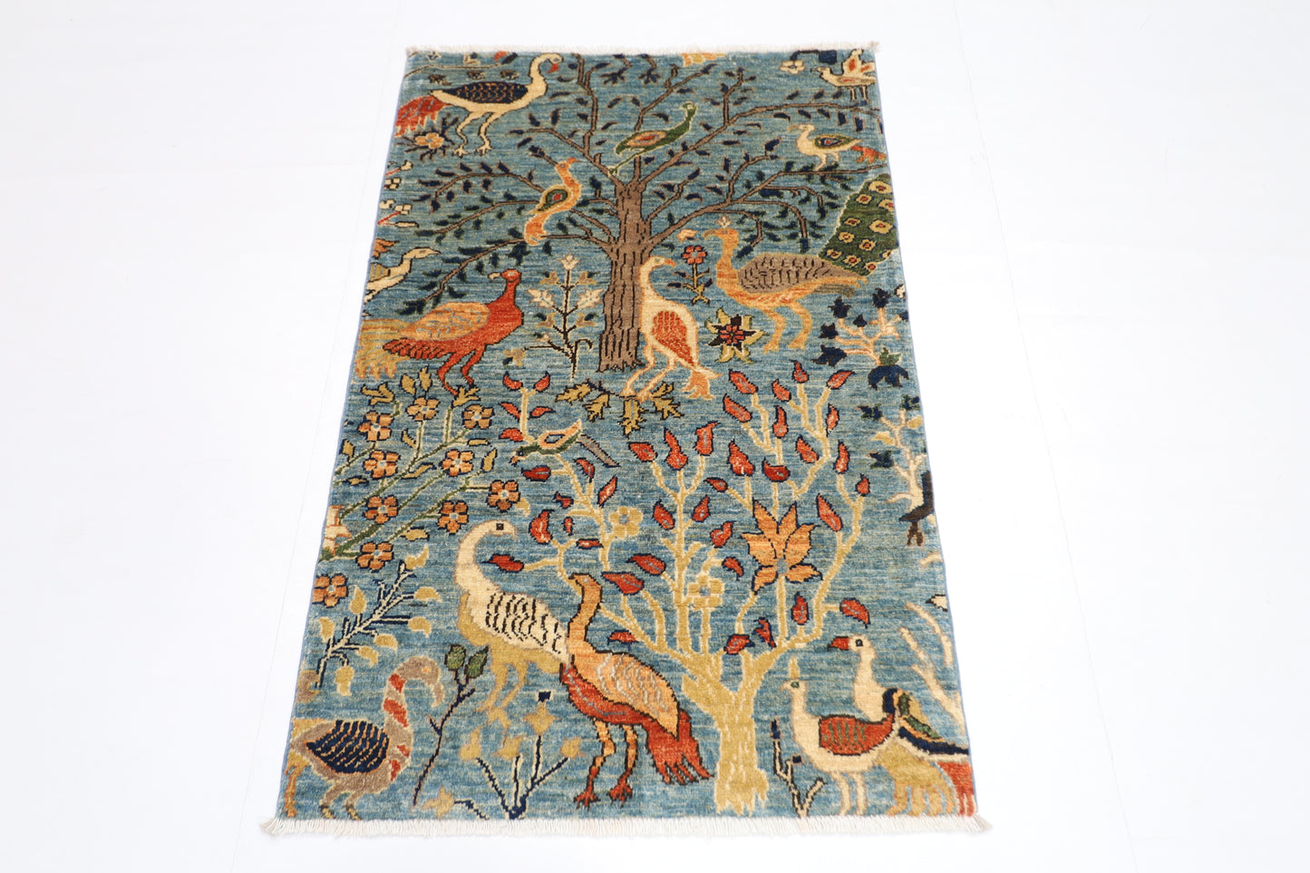 81 x 125 cm | Oriental Birds Blue Rug Afghan Hand Knotted Veg dye Wool carpet