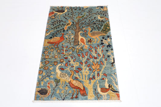 81 x 125 cm | Oriental Birds Blue Rug Afghan Hand Knotted Veg dye Wool carpet