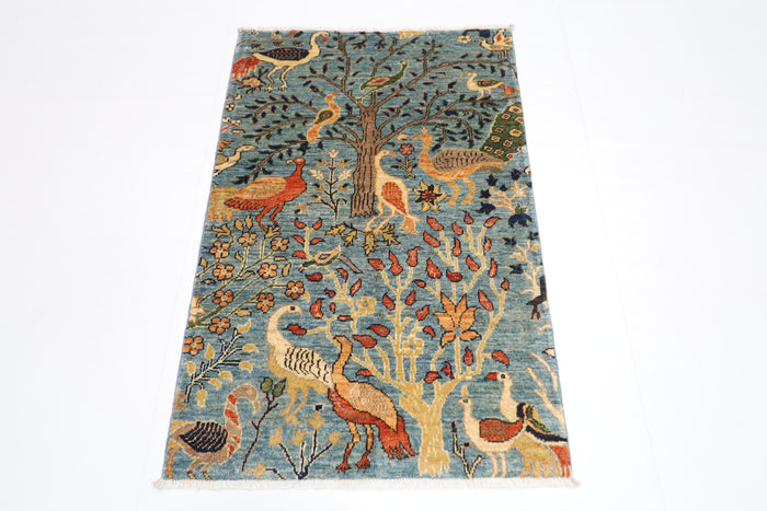 81 x 125 cm | Oriental Birds Blue Rug Afghan Hand Knotted Veg dye Wool carpet