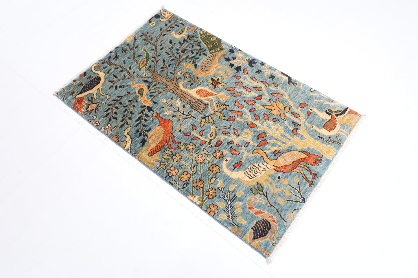 81 x 125 cm | Oriental Birds Blue Rug Afghan Hand Knotted Veg dye Wool carpet