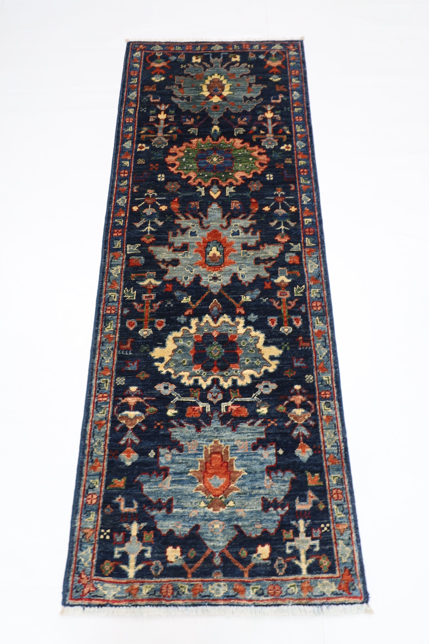 63 x 176 cm | Navy Afghan Tribal Hand Knotted Veg Dye Wool Carpet