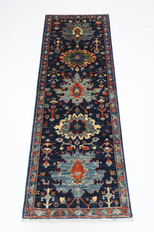 63 x 176 cm | Navy Afghan Tribal Hand Knotted Veg Dye Wool Carpet