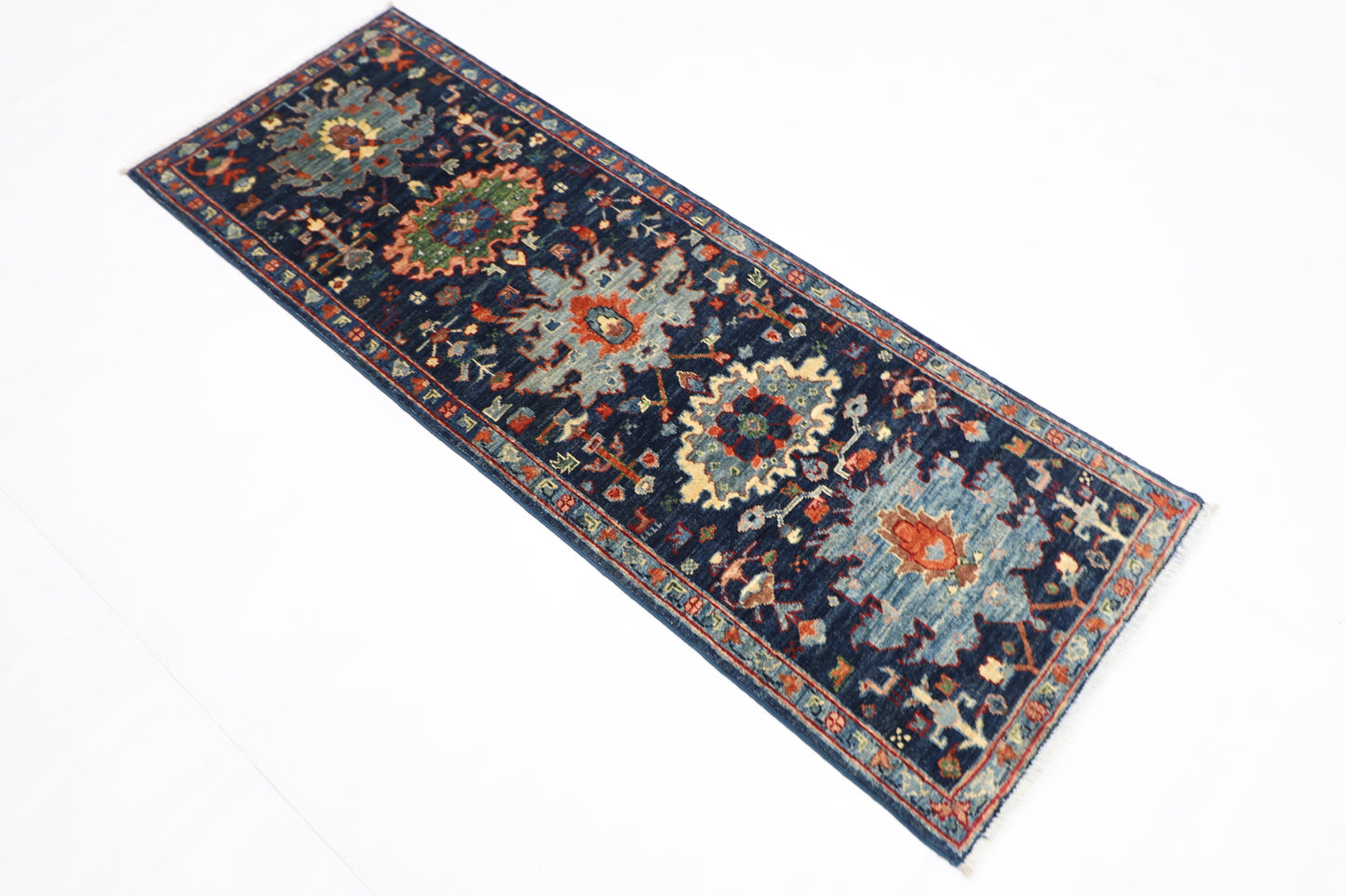 63 x 176 cm | Navy Afghan Tribal Hand Knotted Veg Dye Wool Carpet