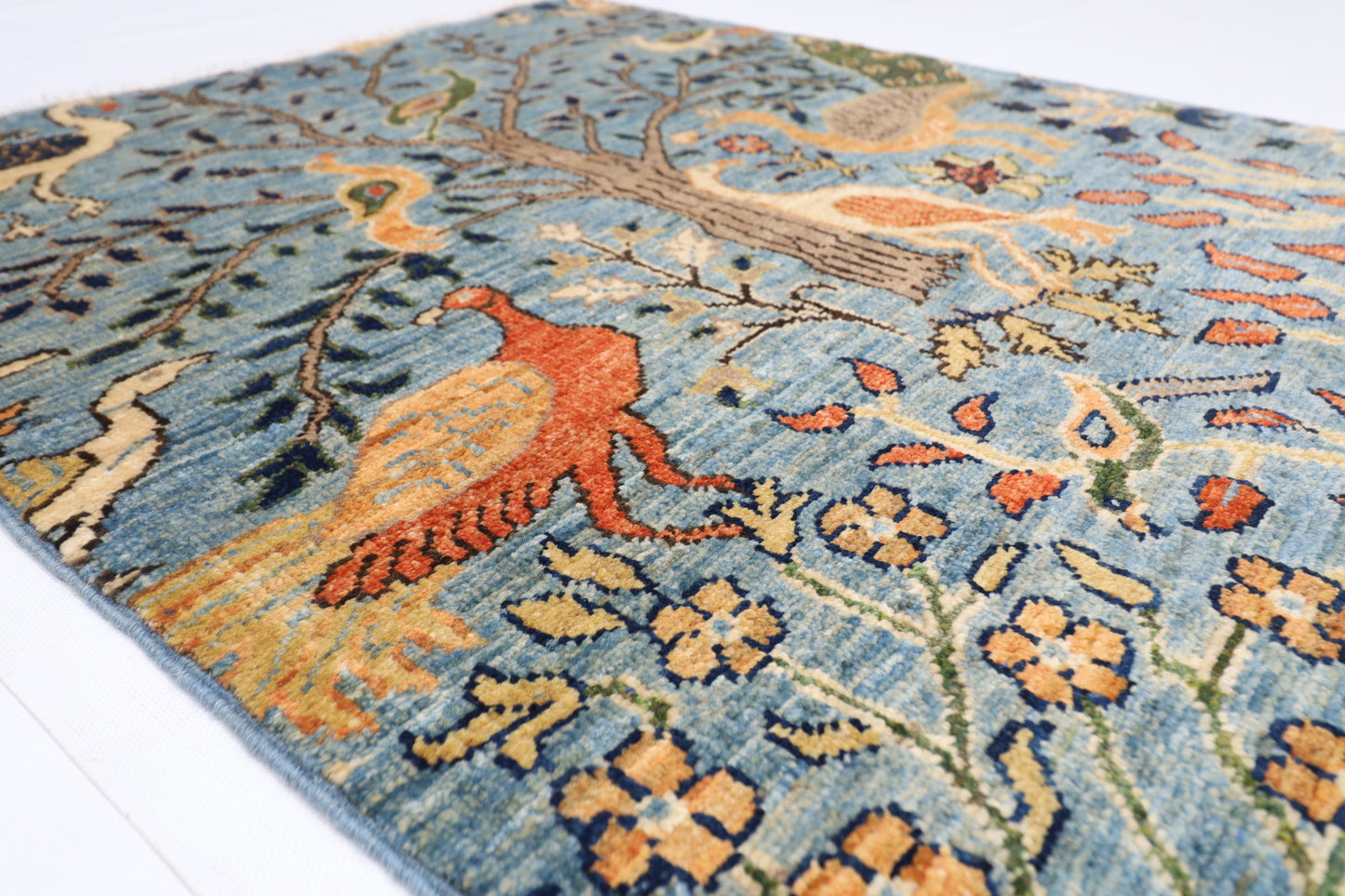 81 x 125 cm | Oriental Birds Blue Rug Afghan Hand Knotted Veg dye Wool carpet
