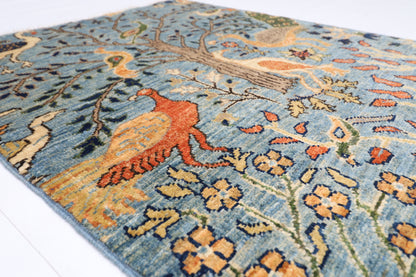 81 x 125 cm | Oriental Birds Blue Rug Afghan Hand Knotted Veg dye Wool carpet