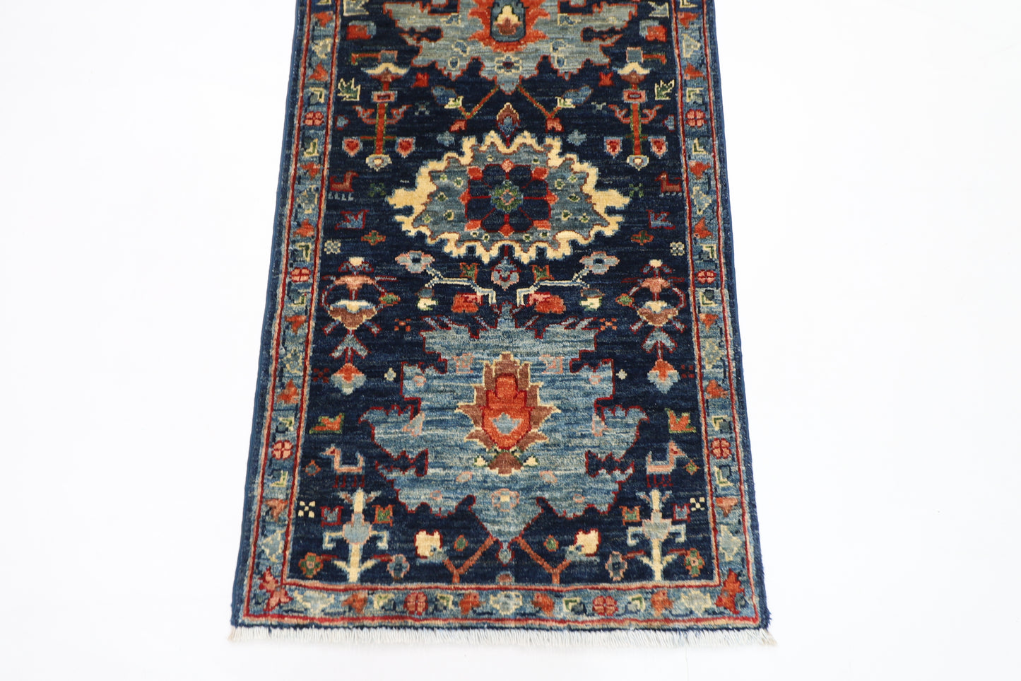63 x 176 cm | Navy Afghan Tribal Hand Knotted Veg Dye Wool Carpet