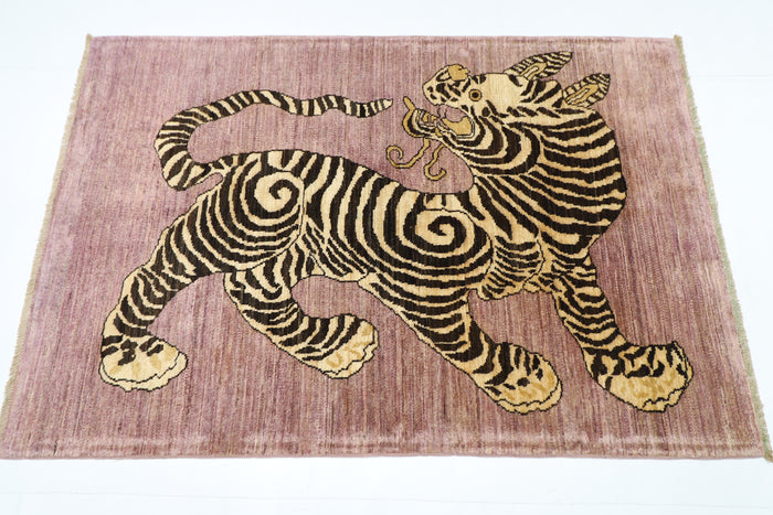103 x 152 cm | Tiger Pink Area Rug Afghan Hand Knotted Veg dye Wool carpet