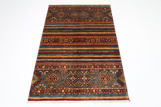 110 x 154 cm | Striped Afghan Tribal Hand Knotted Veg Dye Wool Carpet