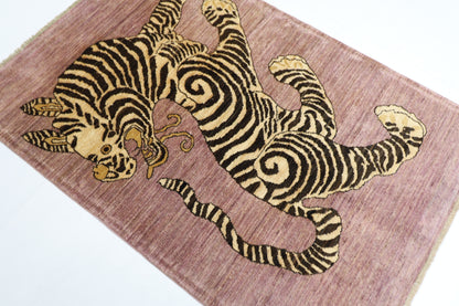 103 x 152 cm | Tiger Pink Area Rug Afghan Hand Knotted Veg dye Wool carpet