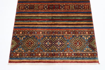 110 x 154 cm | Striped Afghan Tribal Hand Knotted Veg Dye Wool Carpet