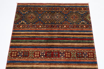 110 x 154 cm | Striped Afghan Tribal Hand Knotted Veg Dye Wool Carpet