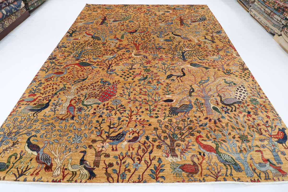 273 x 356 cm | Birds Yellow Design Hand Knotted Wool Afghan Carpet