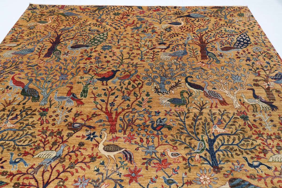 273 x 356 cm | Birds Yellow Design Hand Knotted Wool Afghan Carpet