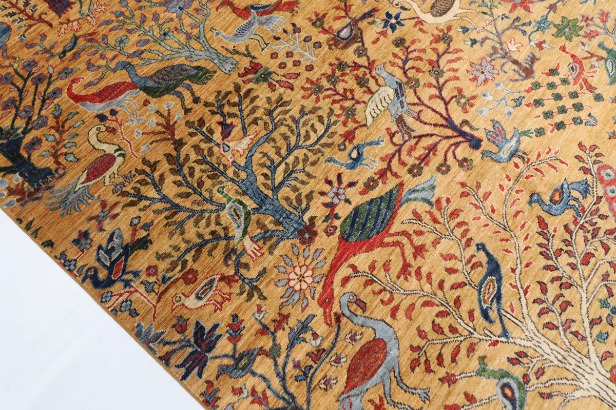 273 x 356 cm | Birds Yellow Design Hand Knotted Wool Afghan Carpet