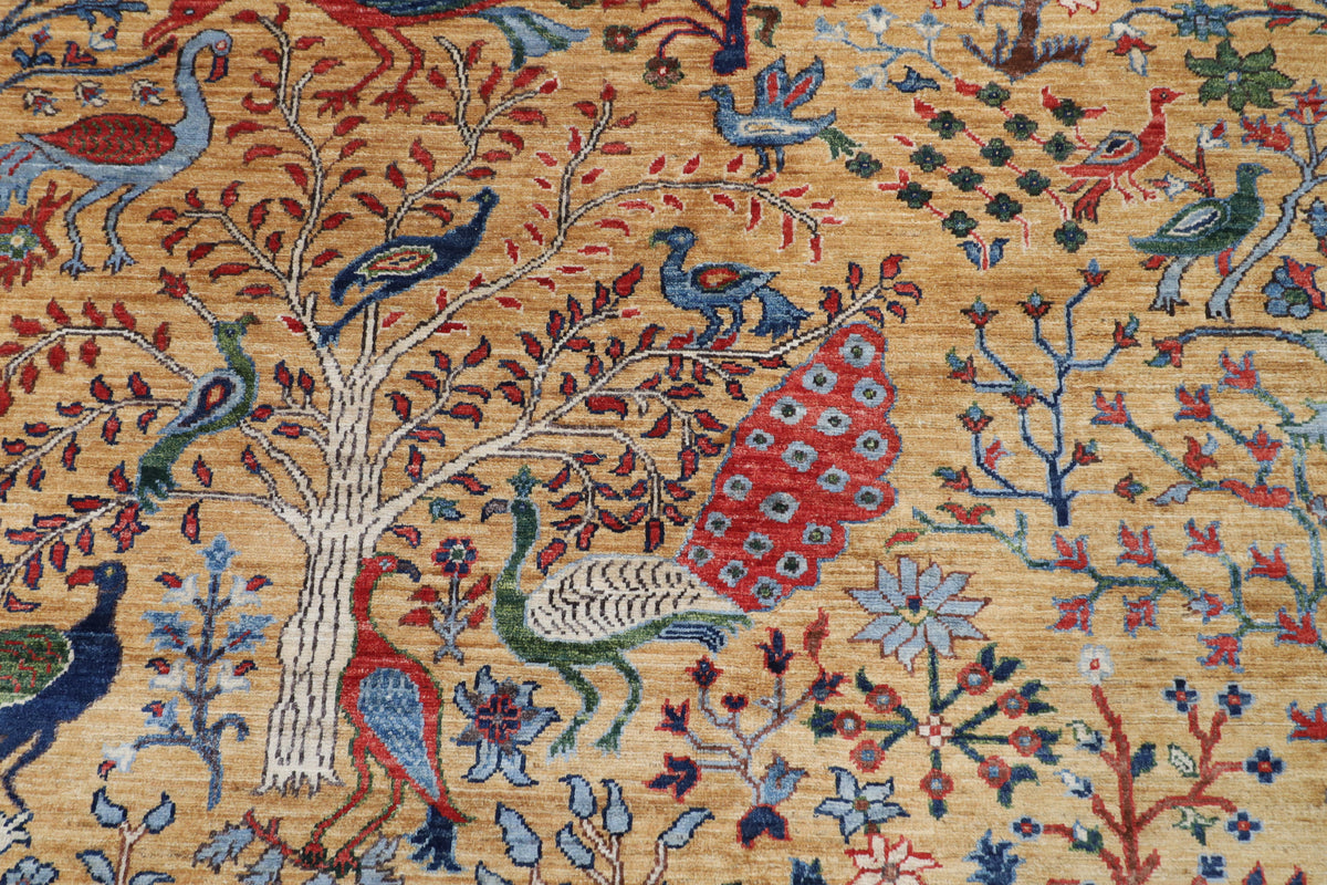 273 x 356 cm | Birds Yellow Design Hand Knotted Wool Afghan Carpet